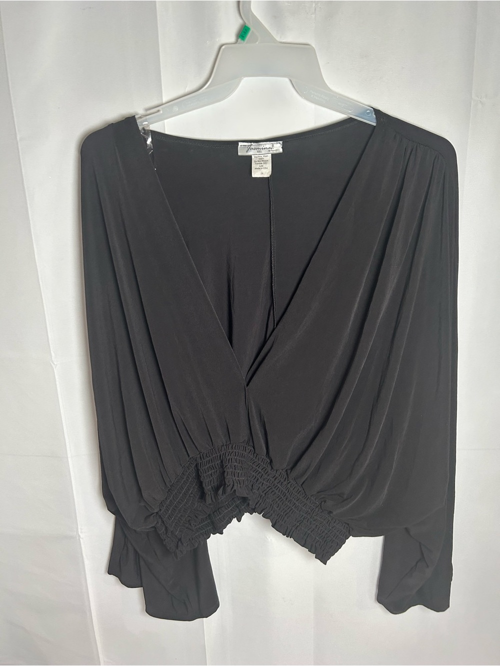 Jasmine Black Surplice Smocked-Waist Blouse